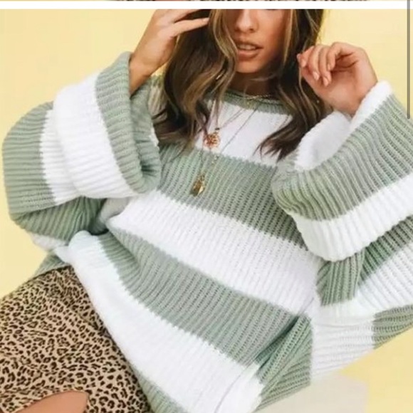 COPY - Oversized Green and White Striped Sweater - Picture 2 of 3